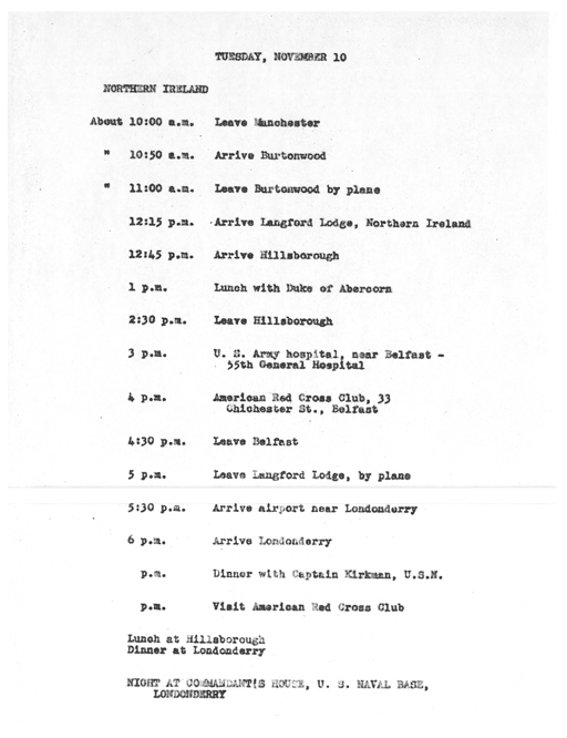 Eleanor Roosevelt's itinerary in Belfast, Ireland