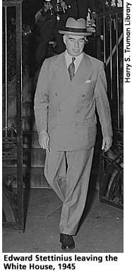 [picture: Edward Stettinius leaving the White House, 1945]  