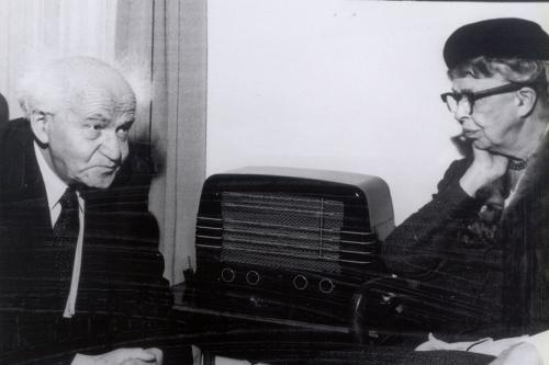 Eleanor Roosevelt sitting by a radio with David Ben-Gurion, the first prime minister of Israel