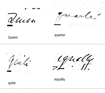 Images of Eleanor Roosevelt's handwriting using the letter "Q"